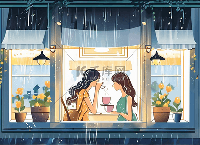 单独插画图片_女孩咖啡馆窗户喝咖啡单独城市夜晚图片