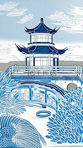 传统纹理纹理插画图片_非遗中国传统蜡染园林山水亭台楼阁7图片