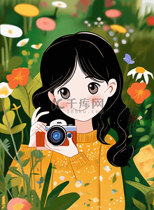 照相机摄影插画图片_绿色春天女孩照相机摄影旅行户外花园插画素材