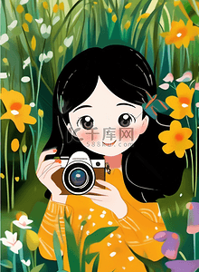绿色春天女孩照相机摄影旅行户外花园矢量插画
