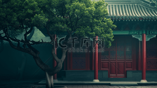 中式别院插画图片_中国手绘庭院建筑古风古院的插画9