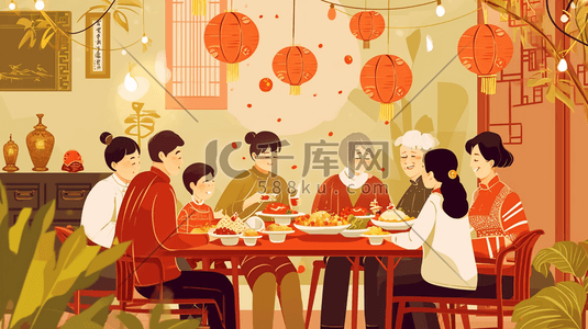 春节绘画插画图片_中国春节过年一家人吃团圆饭的插画2