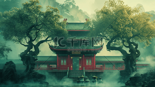 中国手绘庭院建筑古风古院的插画25