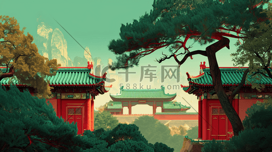 中式别院插画图片_中国手绘庭院建筑古风古院的插画8