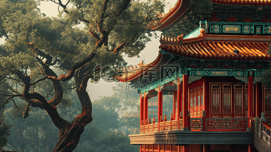 中国手绘庭院建筑古风古院的插画78