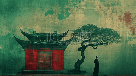 中式别院插画图片_中国手绘庭院建筑古风古院的插画23