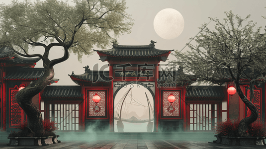 中国手绘庭院建筑古风古院的插画11