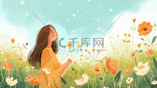 手绘彩色花束花朵插画图片_手绘彩色花丛里漂亮女孩开心的插画20