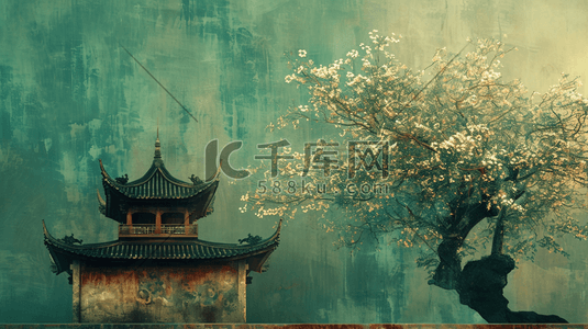 中国手绘庭院建筑古风古院的插画13