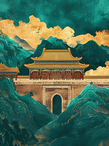 翠绿色的插画图片_翠绿色的山脉和古建筑中国风插画