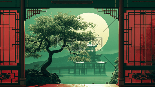 中国手绘庭院建筑古风古院的插画16