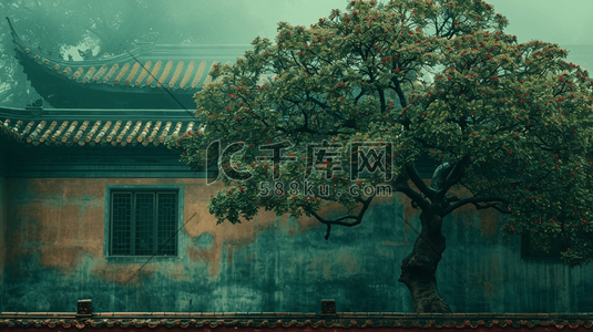 中国手绘庭院建筑古风古院的插画18