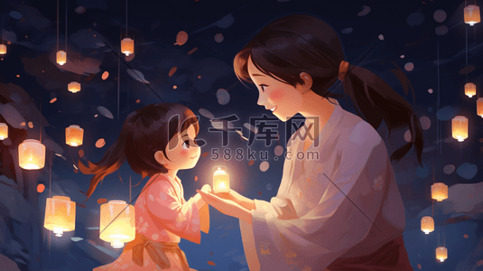 中国元宵灯会母女温馨看灯的插画3
