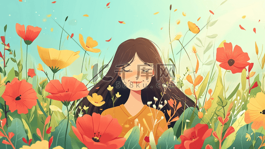 手绘彩色花丛里漂亮女孩开心的插画16