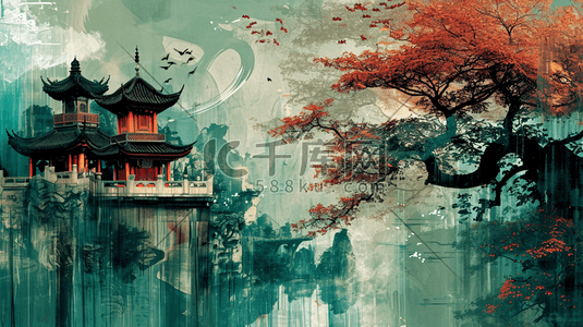 中国手绘庭院建筑古风古院的插画15