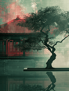 中式别院插画图片_中国手绘庭院建筑古风古院的插画4