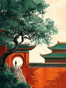 中式别院插画图片_中国手绘庭院建筑古风古院的插画2