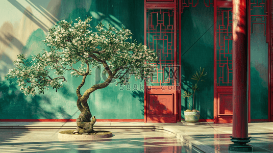中国手绘庭院建筑古风古院的插画24