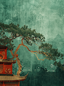 中式别院插画图片_中国手绘庭院建筑古风古院的插画3