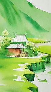 水粉水彩插画春天山中小屋