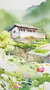 天山天池风景插画图片_水粉水彩插画春天山中小屋