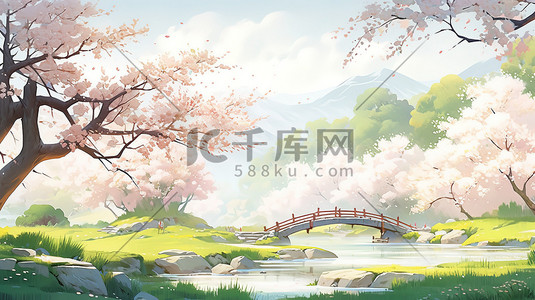 乡村景色插画图片_春天村庄桃树盛开乡村景色插画素材