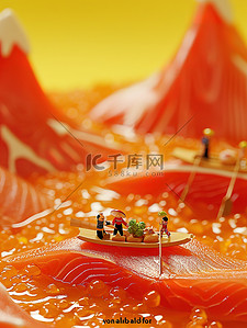 三文鱼组成的山脉微距小人场景插画素材
