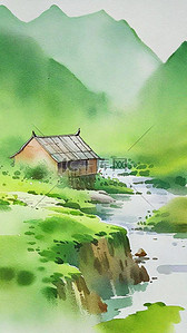 水粉水彩插画春天山中小屋