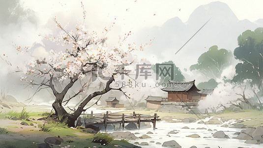 桃树线稿插画图片_春天村庄桃树盛开乡村景色插图