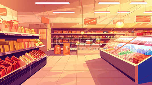 蔬菜货架插画图片_手绘超市里水果蔬菜酒水食物的插画3