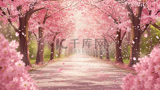 小路樱花树在春风中飘落原创插画