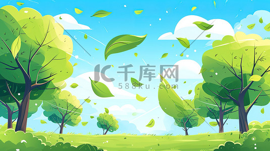 嫩绿色荷叶插画图片_春天嫩绿的新叶子随风起舞原创插画