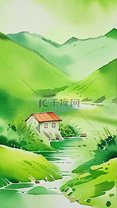 天山天池风景插画图片_水粉水彩插画春天山中小屋