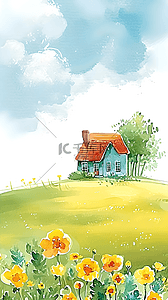 有草花插画图片_田野里有黄色花朵的房子的水彩插图
