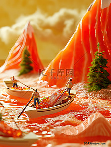 圆组成的图插画图片_三文鱼组成的山脉微距小人场景插画素材