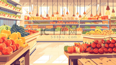 手绘超市里水果蔬菜酒水食物的插画1