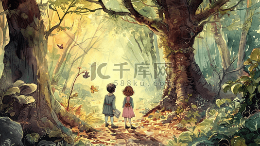 原始森林插画图片_卡通手绘艺术森林里孩童旅行的插画4