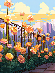 花朵栅栏插画图片_小路开着美丽的花朵插图