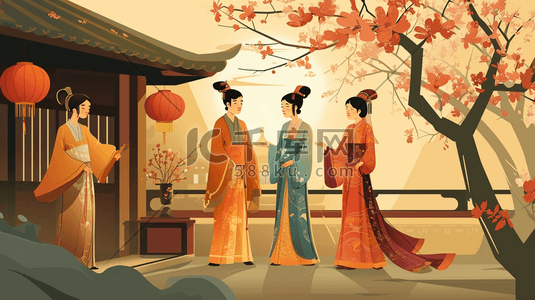 中国彩色古代女子闺中密友喝茶的插画11