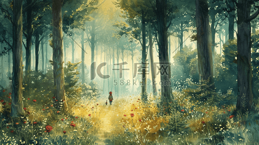 原始森林插画图片_卡通手绘艺术森林里孩童旅行的插画14