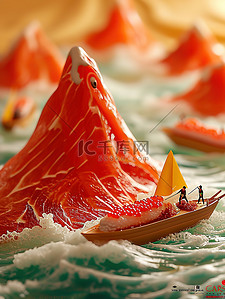 圆组成的图插画图片_三文鱼组成的山脉微距小人场景插画素材
