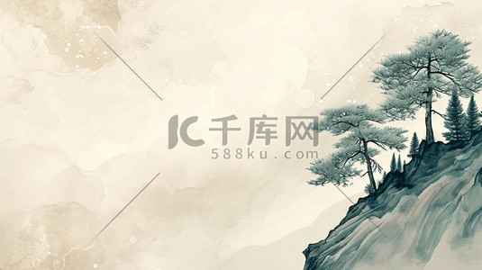 水彩水墨山峰上松树的风景风光的插画18