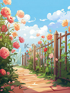 花朵栅栏插画图片_小路开着美丽的花朵插画