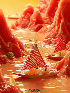 三文鱼组成的山脉微距小人场景插画海报