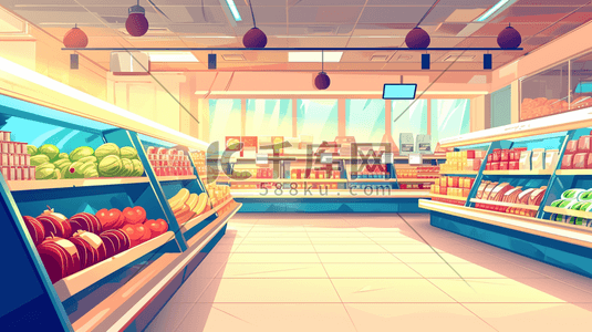 蔬菜货架插画图片_手绘超市里水果蔬菜酒水食物的插画8