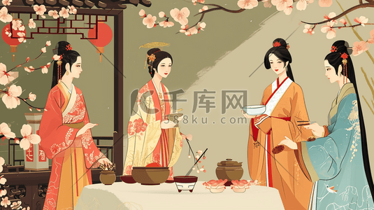 中国彩色古代女子闺中密友喝茶的插画1