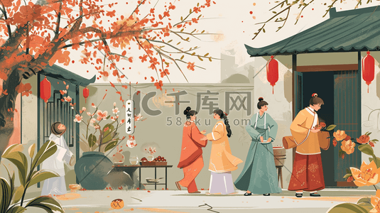 中国彩色古代女子闺中密友喝茶的插画17