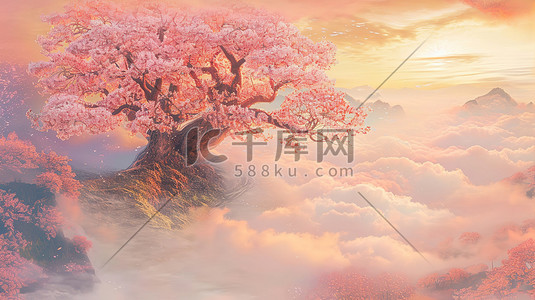 浪漫粉色海报插画图片_云端开满鲜花的古树插画海报