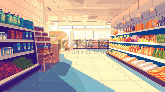 蔬菜货架插画图片_手绘超市里水果蔬菜酒水食物的插画5