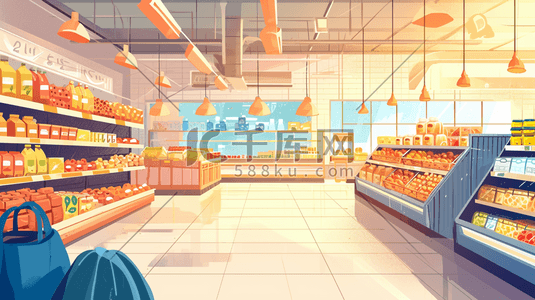蔬菜货架插画图片_手绘超市里水果蔬菜酒水食物的插画14